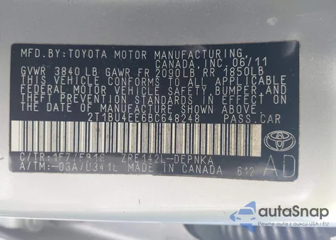 2011 Toyota Corolla Le from USA, damaged, VIN 2T1BU4EE6BC648248